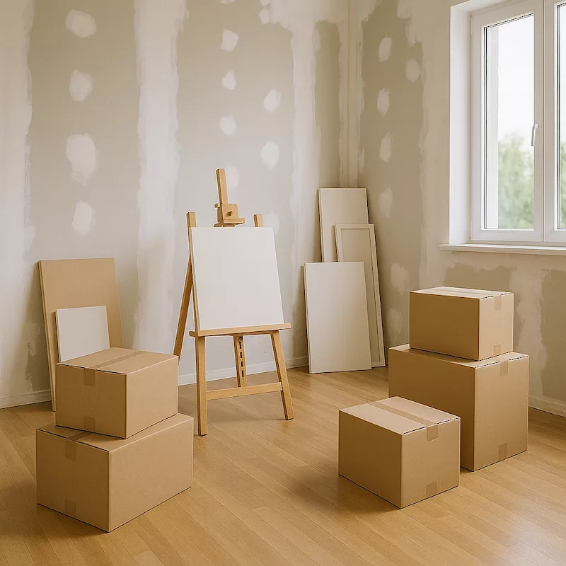 “Flyttlådor står framför en ofärdig vägg i nybyggd bostad – symboliserar inflyttning i nyproduktion med pågående arbete, förberedelser och känslan av nystart”